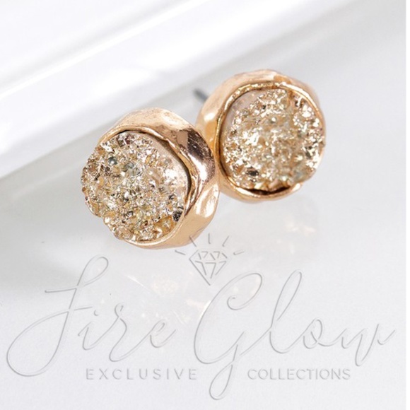 Iridescent Opal Druzy In Gold Tone Stud Earrings - Picture 7 of 8